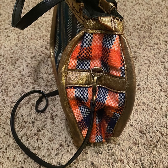 NWT Anthroplogie En Shalla Blue Plaid Crossbody tote bag w/ gold metallic trim - Picture 11 of 12